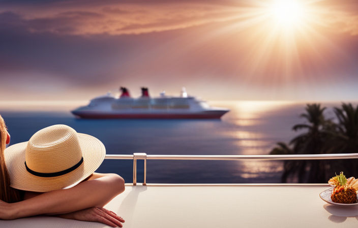 An image showcasing a vibrant Disney Cruise ship sailing towards a horizon adorned with a radiant sun, while passengers wearing happy expressions, relax by the pool, alluding to the eagerly anticipated day when the vaccine mandate is lifted