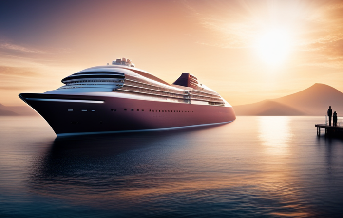 An image showcasing a futuristic cruise ship, adorned with sleek, aerodynamic curves and cutting-edge technology