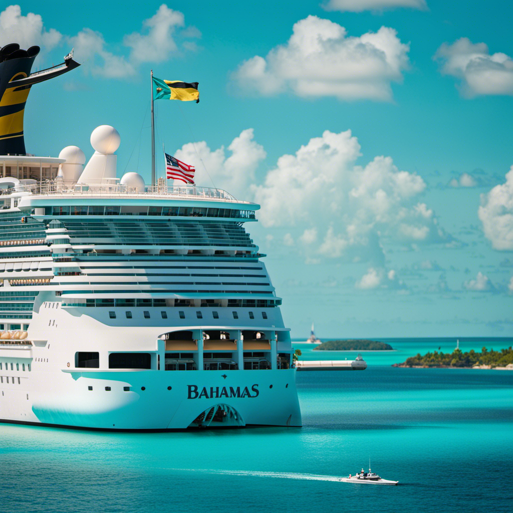 An image showcasing the distinctive flag of the Bahamas, gently fluttering atop a Disney Cruise Ship's mast, against a backdrop of crystal-clear turquoise waters, evoking thoughts of tropical paradise and the ship's registered home