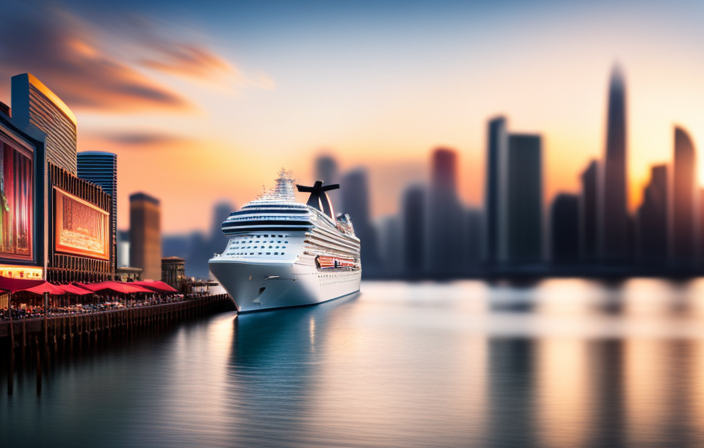 An image showcasing a vibrant cruise ship surrounded by a bustling marketplace, where gift cards adorned with Carnival Cruise logos are prominently displayed at various kiosks