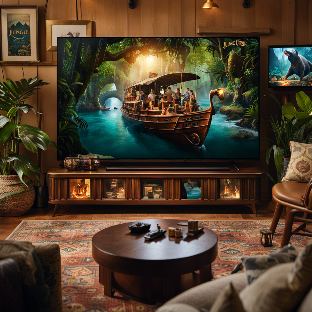 An image featuring a cozy living room setting with a large flatscreen TV displaying the iconic Jungle Cruise poster, surrounded by a collection of streaming platforms' logos, hinting at the various options available to watch the movie