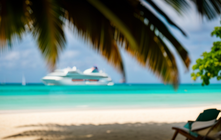 An image showcasing a serene tropical paradise with a luxurious cruise ship docked at a vibrant port, surrounded by crystal-clear turquoise waters, palm-fringed white sandy beaches, and lush green landscapes