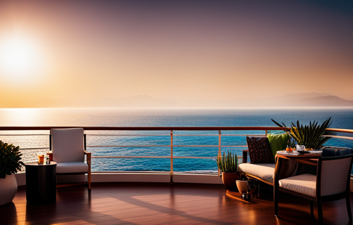 An image showcasing a serene outdoor smoking area on a cruise ship, with comfortable seating surrounded by lush potted plants, gentle ocean breezes, and panoramic views of the vast sea stretching into the horizon