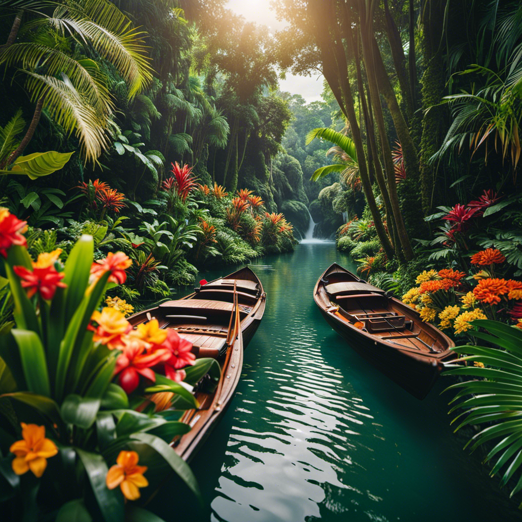 An image showcasing a lush tropical scene, with a majestic river winding through dense foliage