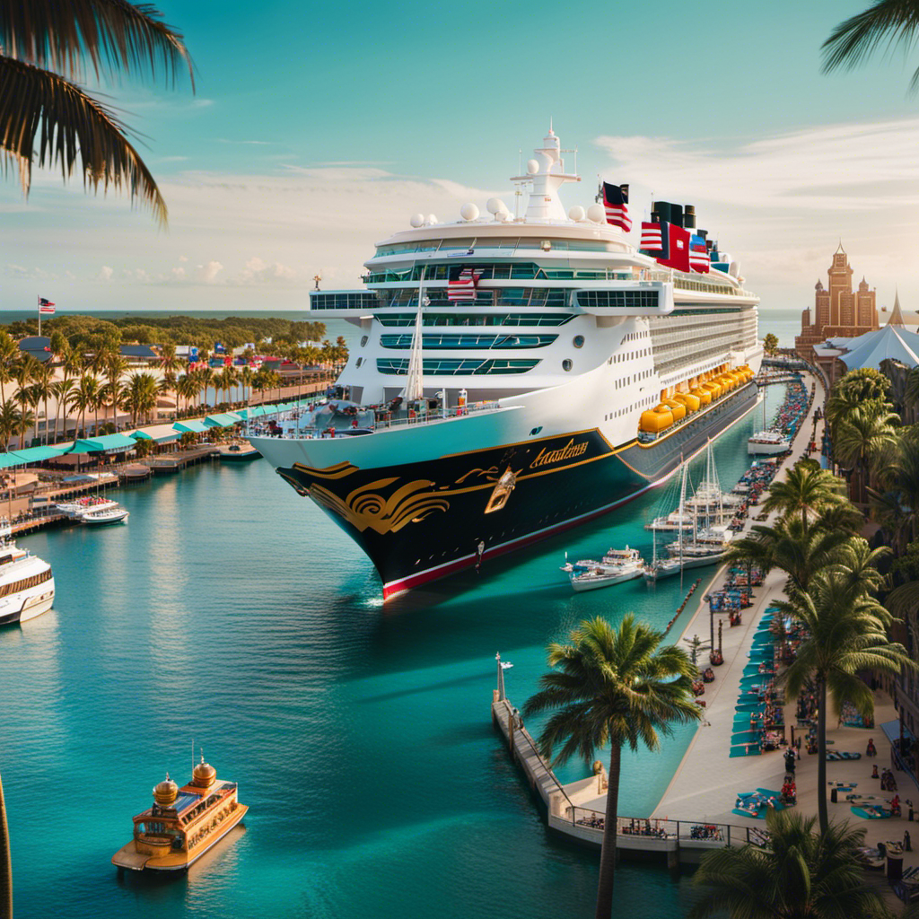An image that captures the enchantment of Disney Cruise Ships, showcasing a bustling harbor adorned with vibrant flags, majestic palm trees, and a glistening turquoise sea, where the ships depart from
