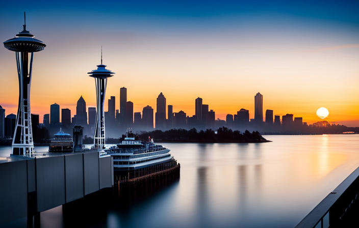 An image showcasing the picturesque backdrop of Seattle's iconic Space Needle and the bustling waterfront, with Norwegian Cruise ships majestically docked at Pier 66 and Pier 91, surrounded by a vibrant atmosphere of urban charm
