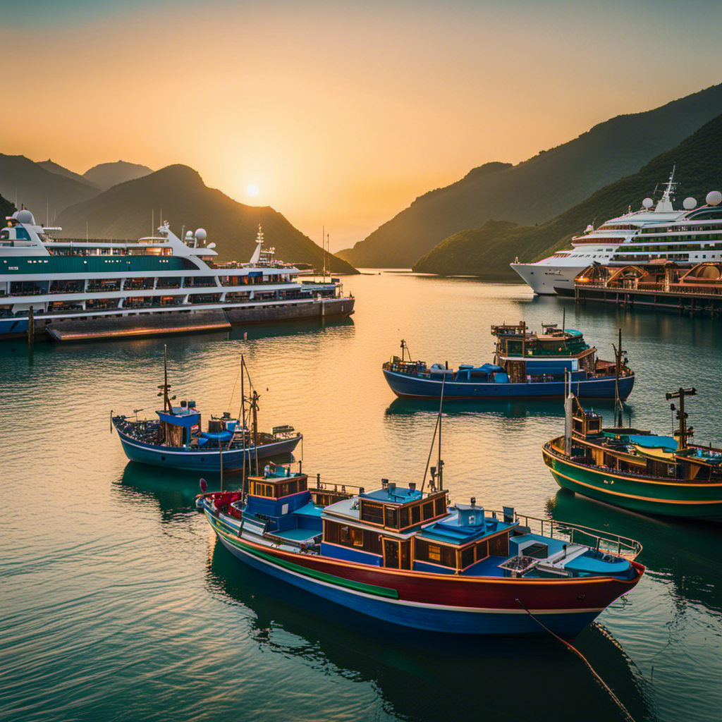 An image showcasing a serene coastal bay adorned with vibrant fishing boats, nestled amidst a backdrop of lush green hills