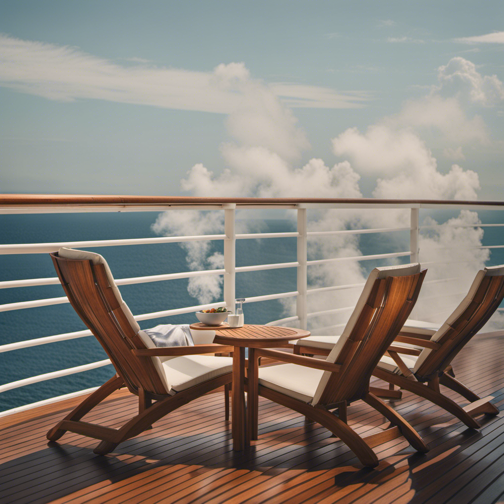 An image capturing the serene ambiance of a designated outdoor smoking area on a cruise ship: a secluded deck adorned with comfortable loungers, overlooking the vast ocean, with a gentle breeze carrying away smoke wisps