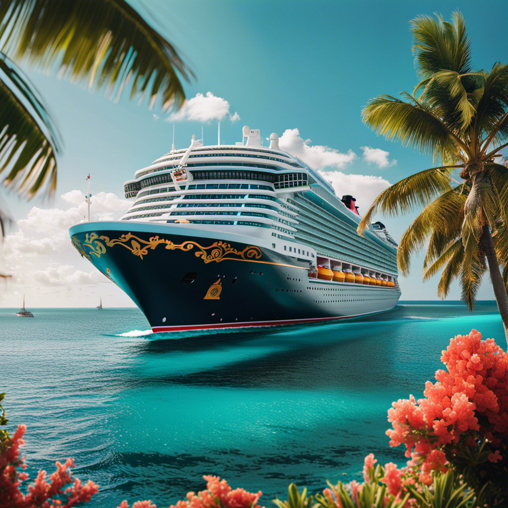 An image showcasing a Disney cruise ship sailing amidst crystal-clear turquoise waters, framed by lush tropical islands with palm trees swaying in the gentle breeze, and a vibrant coral reef teeming with colorful marine life below