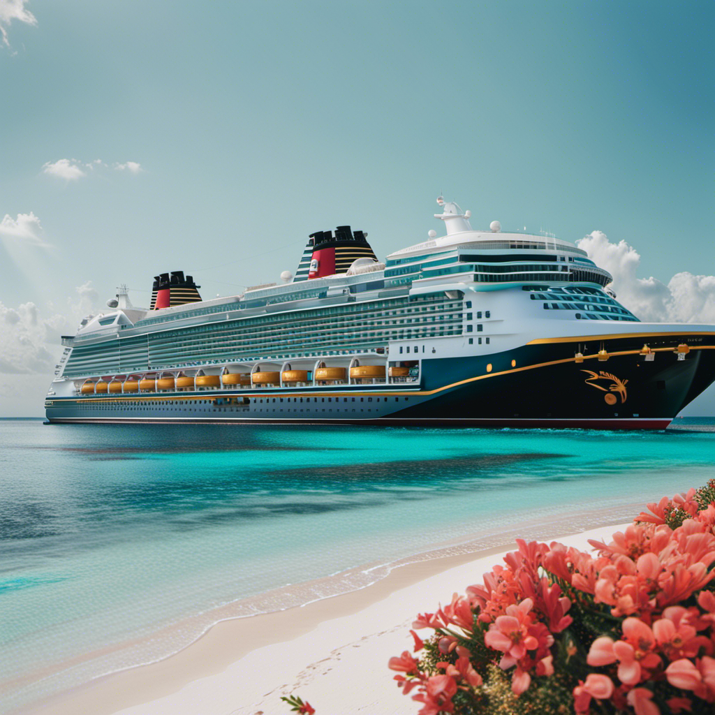 An image showcasing a picturesque Disney Cruise ship gliding through the crystal-clear turquoise waters of the Caribbean, surrounded by vibrant coral reefs, palm-fringed white sandy beaches, and lush tropical islands