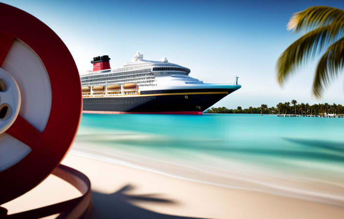 An image showcasing a magnificent Disney cruise ship docked at Port Canaveral, surrounded by turquoise waters and palm trees