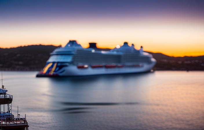 An image showcasing a bustling harbor at sunrise, with a magnificent Norwegian Cruise Line ship majestically docked