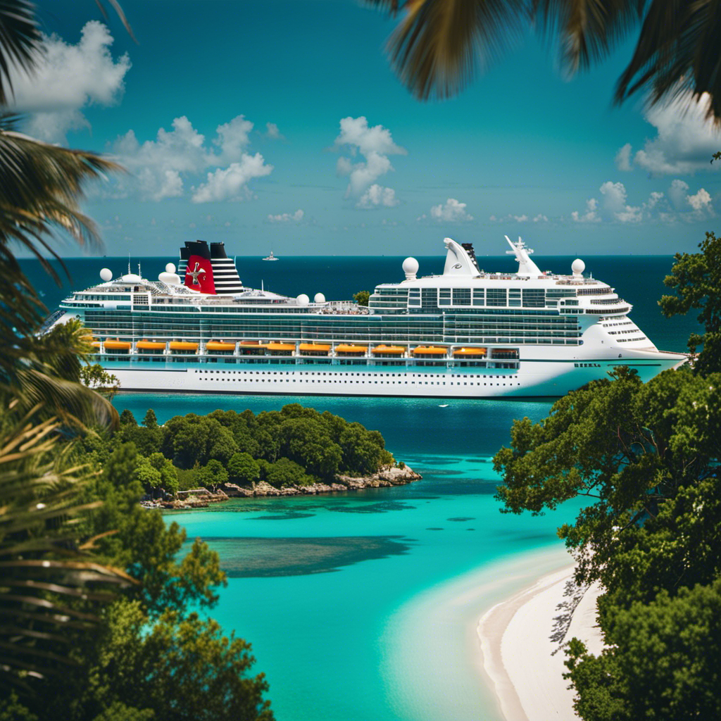 An image showcasing the breathtaking Disney Cruise ship sailing through crystal-clear turquoise waters, passing vibrant Caribbean islands with lush greenery and white sandy beaches, leaving a trail of magical memories in its wake