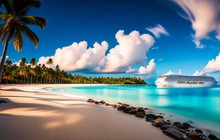 An image showcasing the vibrant turquoise waters of the Caribbean, with a majestic Disney Cruise ship anchored near a powdery white sand beach, framed by lush green palm trees and a clear blue sky