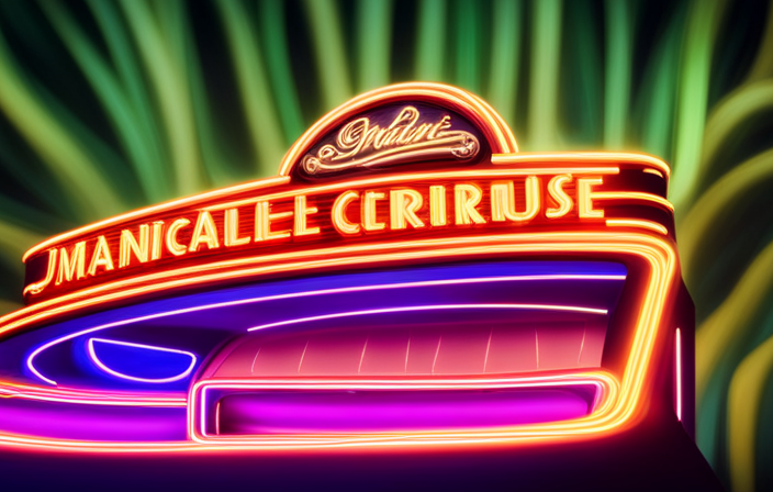An image showcasing a vintage-inspired movie theater marquee, adorned with vibrant neon lights, located in a lush jungle setting