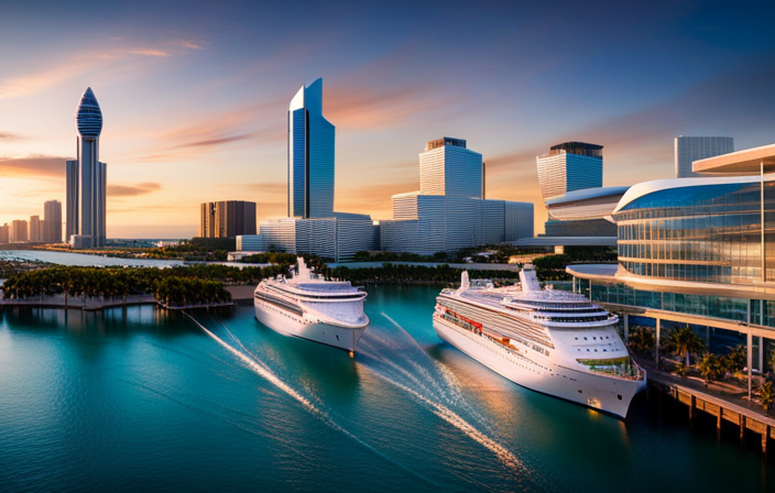 An image that showcases the bustling Port Canaveral Cruise Terminal, with massive ships docked against the backdrop of sparkling blue waters, a vibrant harbor bustling with activity, and the iconic Exploration Tower standing tall