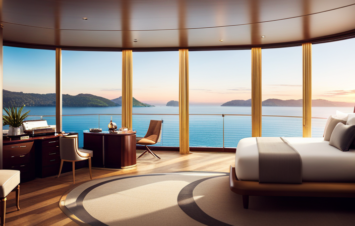 An image showcasing a luxurious cabin on a cruise ship, bathed in warm, golden light