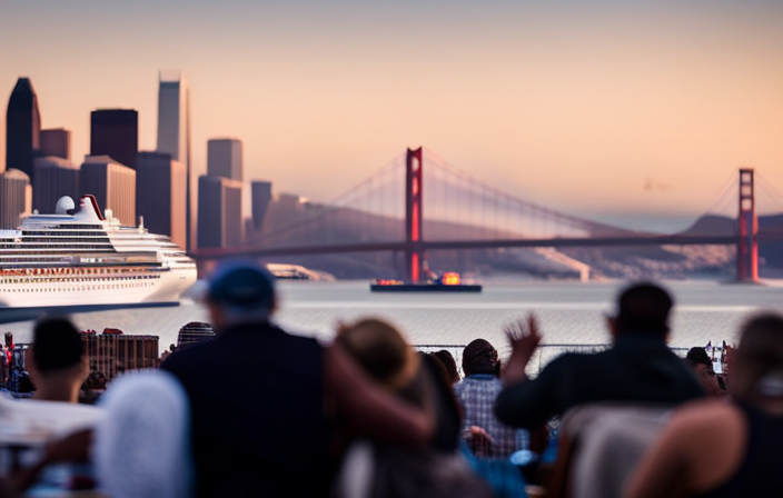 An image showcasing the vibrant waterfront of San Francisco, adorned with iconic landmarks like the Golden Gate Bridge and Alcatraz Island, while a majestic Carnival cruise ship docks at the bustling port, surrounded by excited passengers and a picturesque cityscape