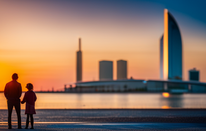 An image showcasing the vibrant Tampa skyline at sunrise, with a cruise ship gracefully docked at the bustling Port Tampa Bay