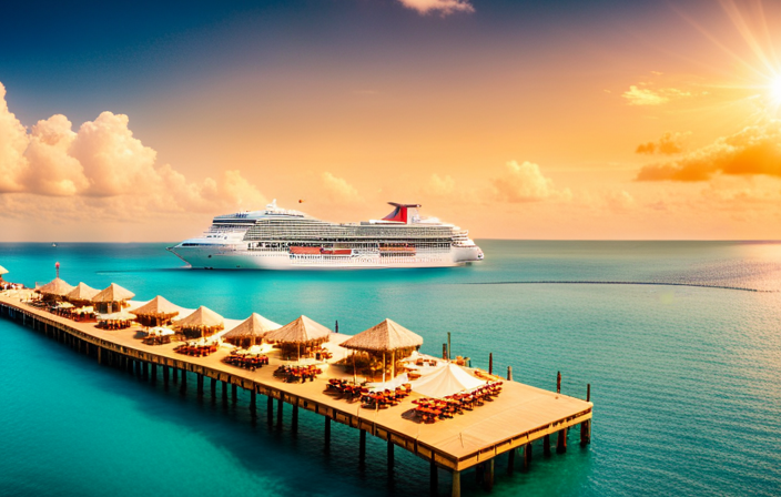 An image showcasing the majestic Carnival Sunshine cruise ship gliding through the turquoise Caribbean waters, surrounded by lush tropical islands and dotted with vibrant deck chairs, hinting at a perfect vacation in progress