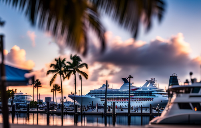 An image capturing the vibrant waterfront of Fort Lauderdale, showcasing towering palm trees lining the picturesque marina, with mammoth cruise ships docked nearby, exuding an aura of adventure and excitement