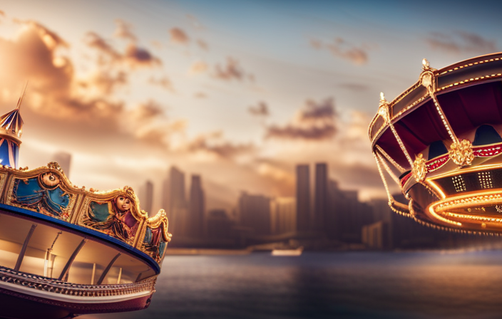 An image showcasing a vibrant carnival scene with a colorful carousel, thrilling rides, and a bustling gift shop adorned with Carnival Cruise branding