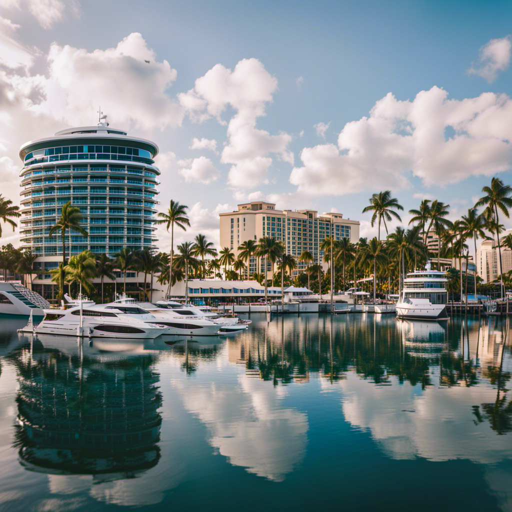 An image showcasing a picturesque waterfront hotel in Fort Lauderdale, adorned with palm trees, an infinity pool overlooking the marina, luxurious lounge chairs, and a cruise ship docked nearby