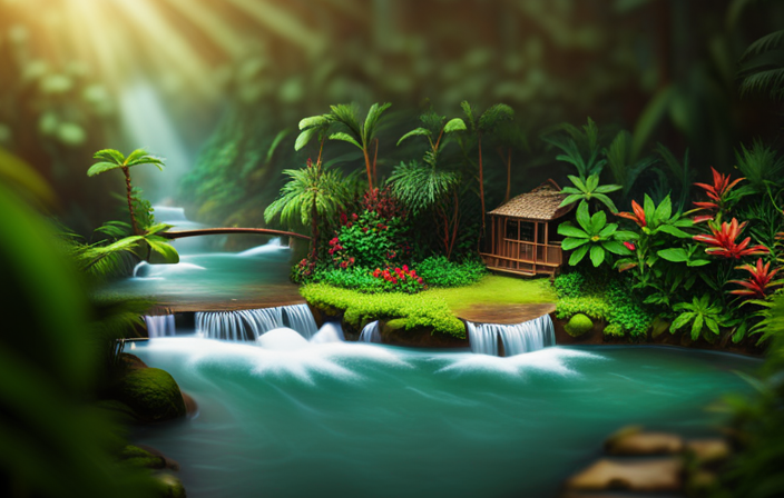 An image that showcases a lush jungle setting, with a winding river surrounded by dense foliage