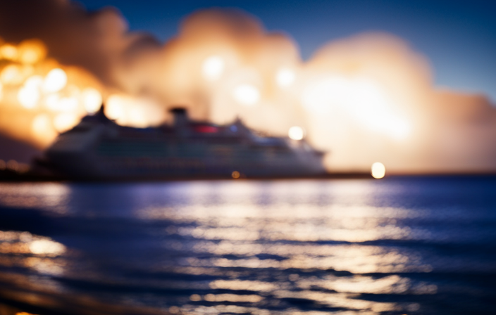 An image capturing the chaos and intensity of the Carnival cruise ship engulfed in flames, with billowing smoke rising ominously against the night sky, as panicked passengers evacuate on lifeboats amidst flashing emergency lights