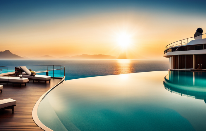 An image showcasing the picturesque pool deck of a luxurious Celebrity Cruise ship, adorned with sparkling turquoise waters, elegant sun loungers, and a panoramic view of the vast ocean stretching out into the horizon