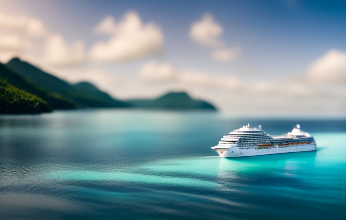 An image capturing the serene beauty of a cruise ship sailing through crystal-clear turquoise waters, surrounded by lush tropical islands, providing a visual representation of the cruise line that allows passport-free travel