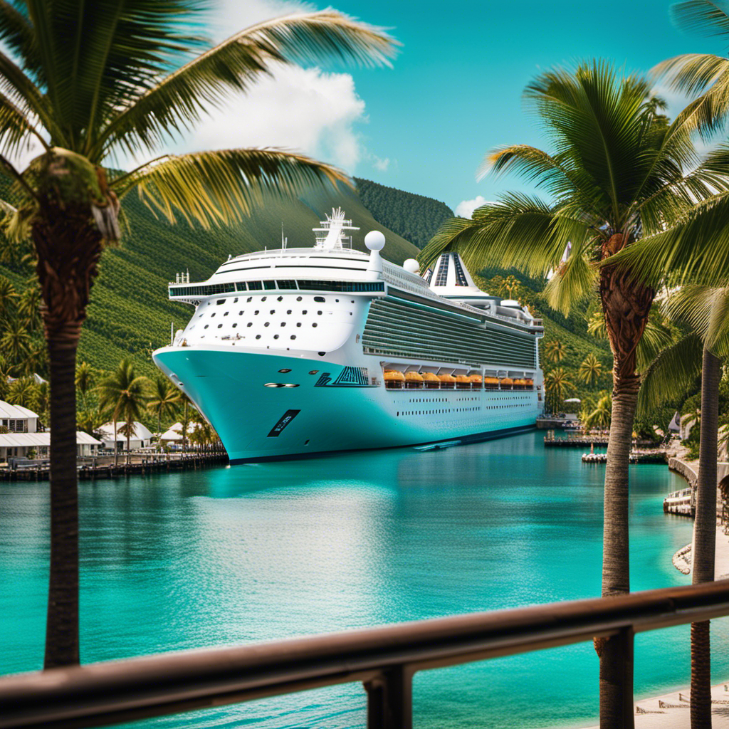 An image showcasing a cruise ship docked at a tropical port, surrounded by palm trees and crystal-clear turquoise waters