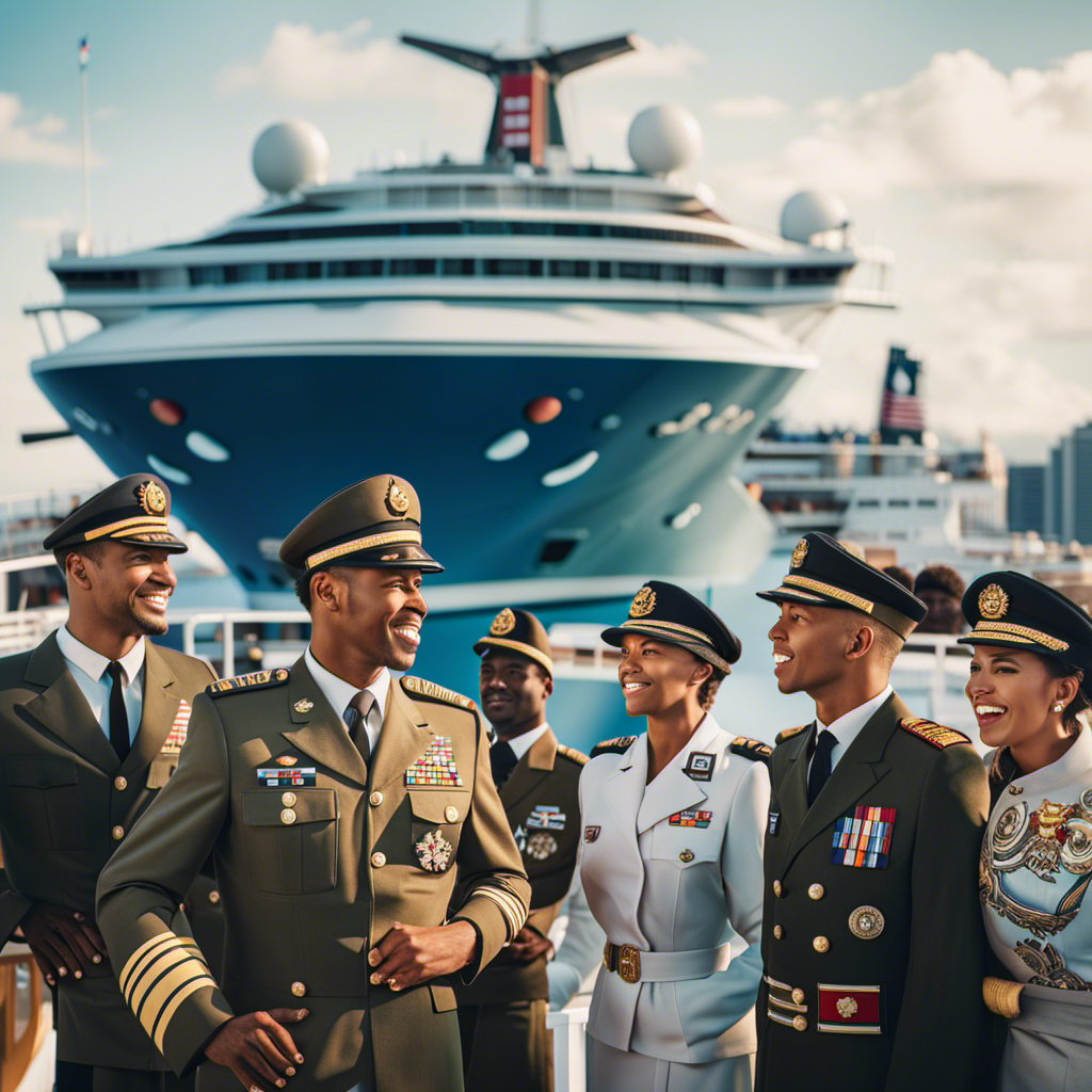 An image depicting a diverse group of military personnel in uniform, happily relaxing on a luxurious cruise ship deck, with the distinctive logos of various cruise lines subtly displayed in the background