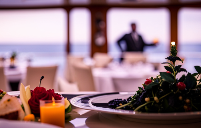 An image showcasing an elegant dining room on a luxurious cruise ship, adorned with sparkling chandeliers, opulent table settings, and a sumptuous feast of gourmet dishes meticulously prepared by world-renowned chefs