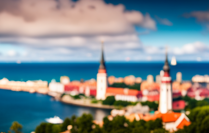 An image showcasing the stunning Baltic Sea coastline, with a luxury cruise ship sailing through calm turquoise waters towards a picturesque medieval cityscape, dotted with iconic spires and colorful buildings