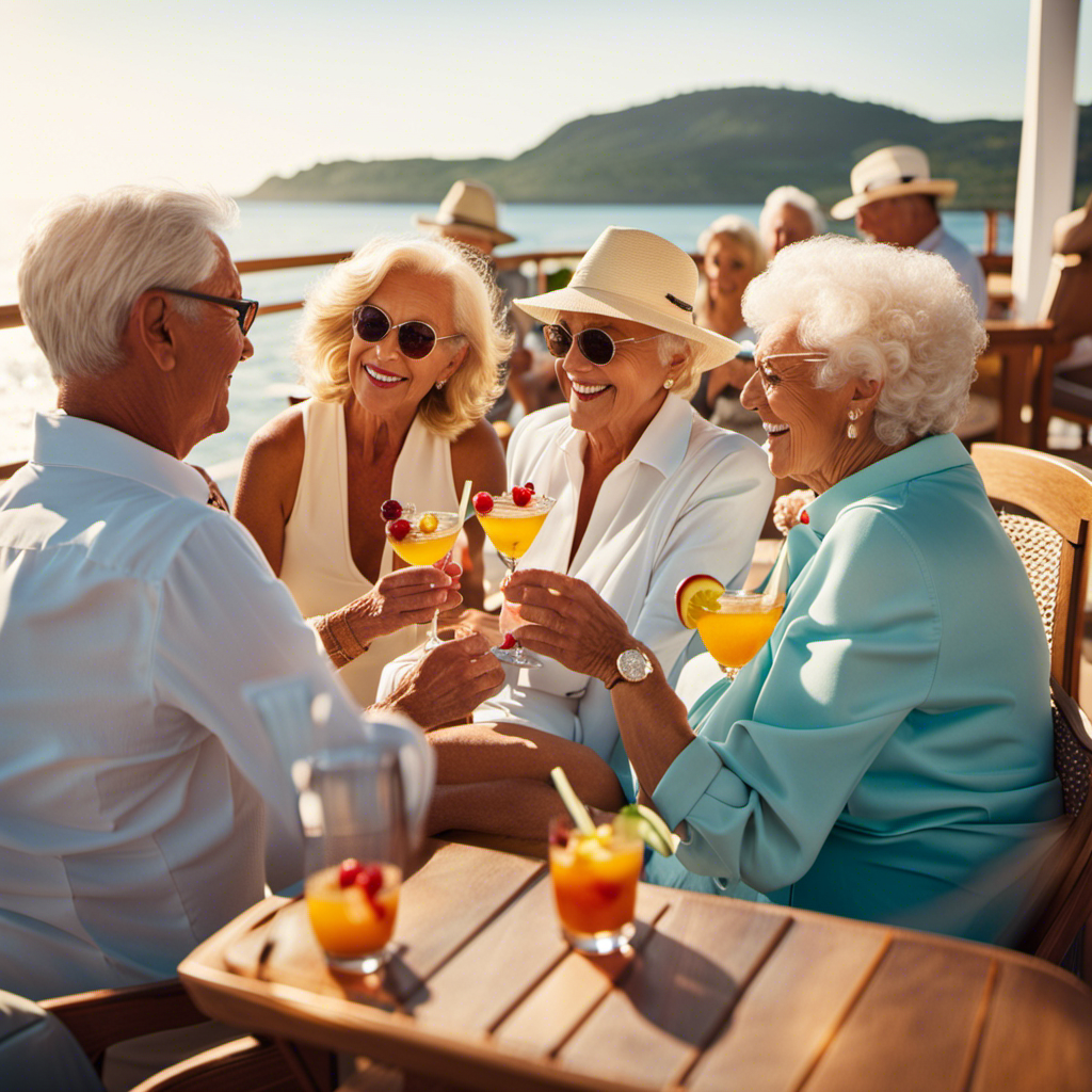 An image that showcases a group of vibrant, joyful single seniors sipping cocktails while lounging on a luxurious, sun-soaked deck, surrounded by a breathtaking ocean view and the iconic logo of a renowned cruise line
