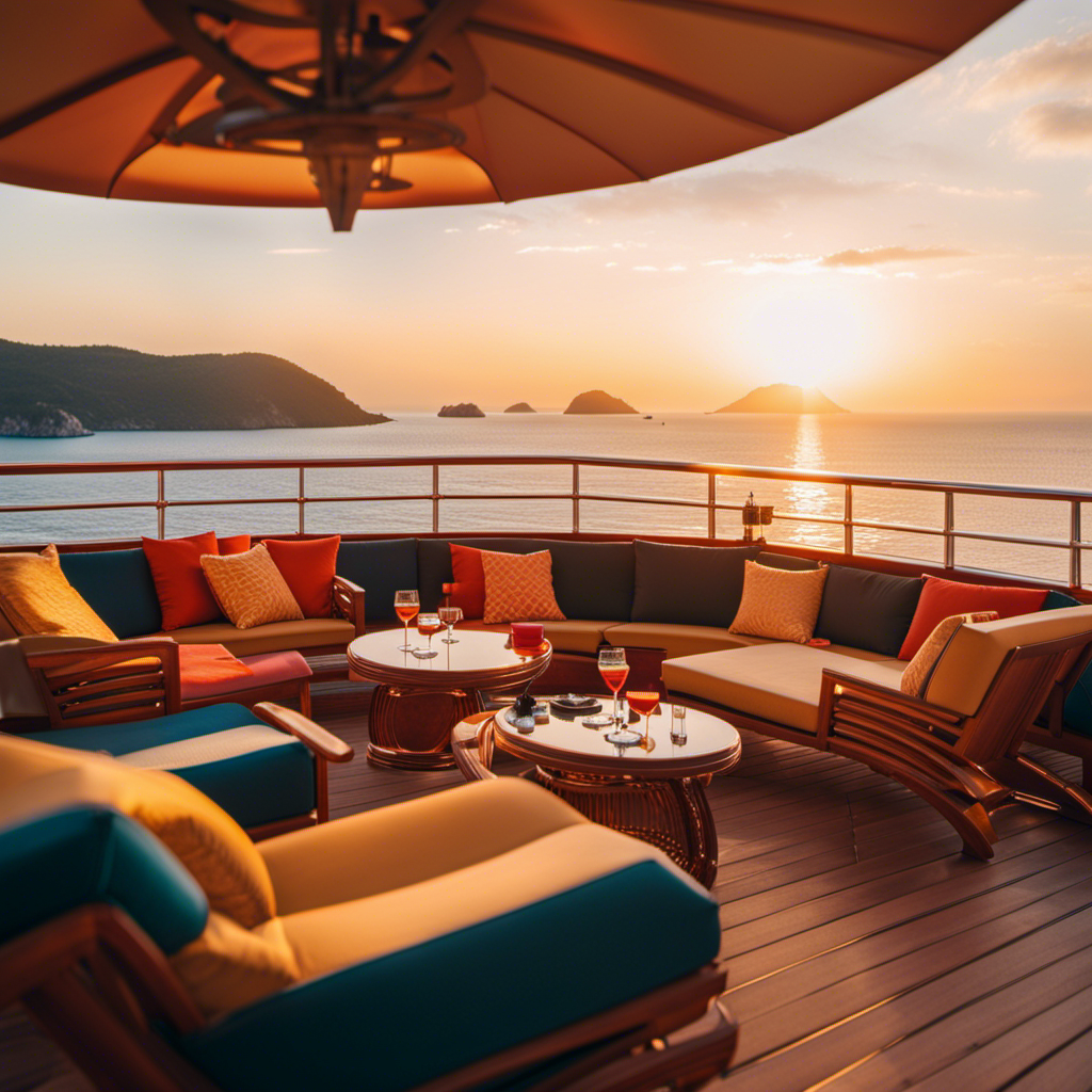 An image showcasing a vibrant, lively cruise ship deck at sunset, adorned with stylish loungers where singles socialize, enjoy cocktails, and engage in animated conversations, exuding an energetic and inclusive atmosphere