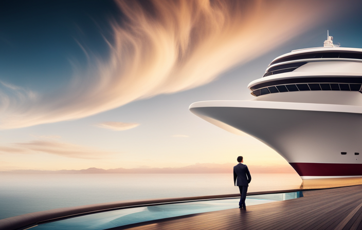 An image showcasing a luxurious cruise ship, with elegant white exteriors, towering decks adorned with sparkling pools, and panoramic glass windows revealing breathtaking ocean views