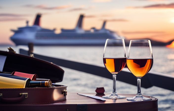 An image showcasing a suitcase filled with a variety of alcoholic beverages, including wine bottles, champagne, and spirits, next to a cruise ship deck, implying the freedom to bring alcohol onboard