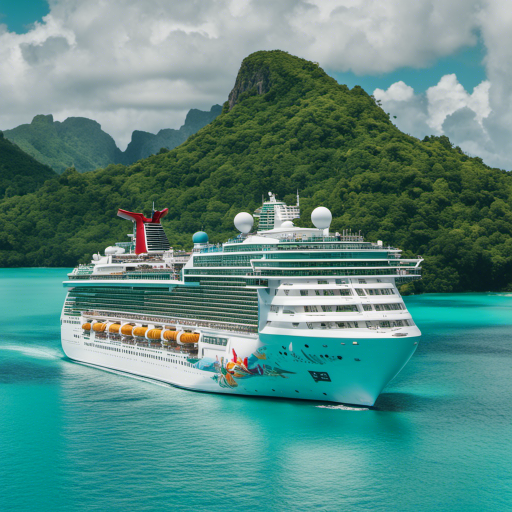 An image showcasing a colorfully adorned cruise ship sailing through pristine turquoise waters, surrounded by lush tropical landscapes