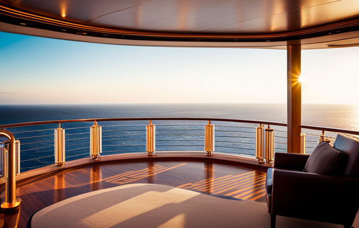 An image showcasing the deck of a luxurious cruise ship with a row of elegantly designed single cabins, each adorned with large windows offering breathtaking ocean views, highlighting the variety of cruise lines that offer this sought-after accommodation option