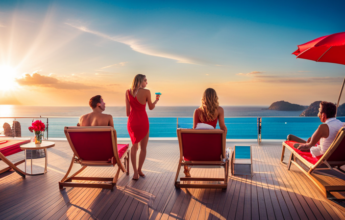 An image showcasing a vibrant poolside scene on a luxurious cruise ship, with happy passengers lounging on sunbeds, sipping colorful cocktails adorned with tiny umbrellas, capturing the essence of cruise lines offering complimentary drink packages
