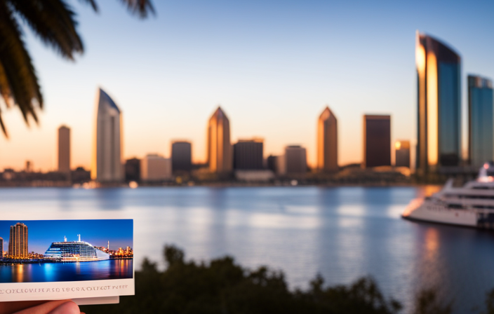 An image showcasing a vibrant San Diego waterfront scene, with a majestic cruise ship docked in the foreground