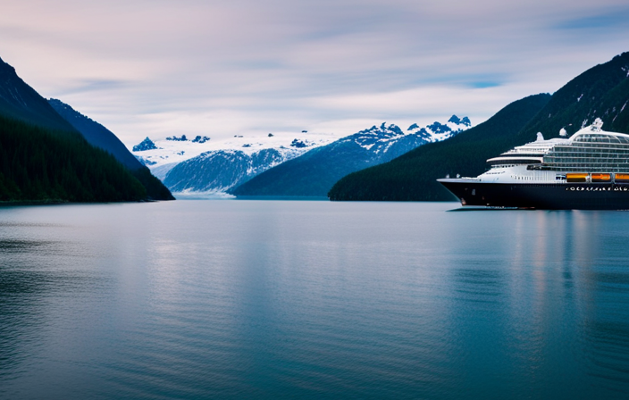 An image of a majestic Princess cruise ship sailing through the picturesque Alaskan fjords, with towering snow-capped mountains as a backdrop, surrounded by playful orcas, and a breathtaking glacier in the distance