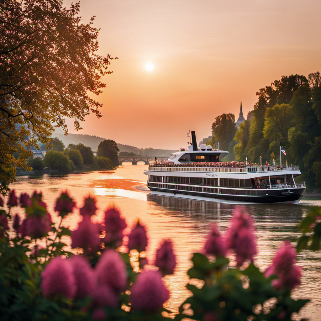 An image showcasing a luxurious river cruise ship gliding along the enchanting Danube River at sunset, with elegant passengers enjoying panoramic views from a spacious deck adorned with blooming flower pots