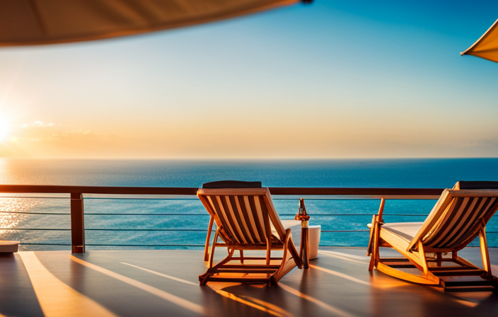 An image showcasing a panoramic view of a serene, sun-kissed deck on a cruise ship, revealing a cluster of luxurious loungers with plush cushions, vibrant umbrellas, and a sparkling turquoise ocean stretching endlessly towards the horizon