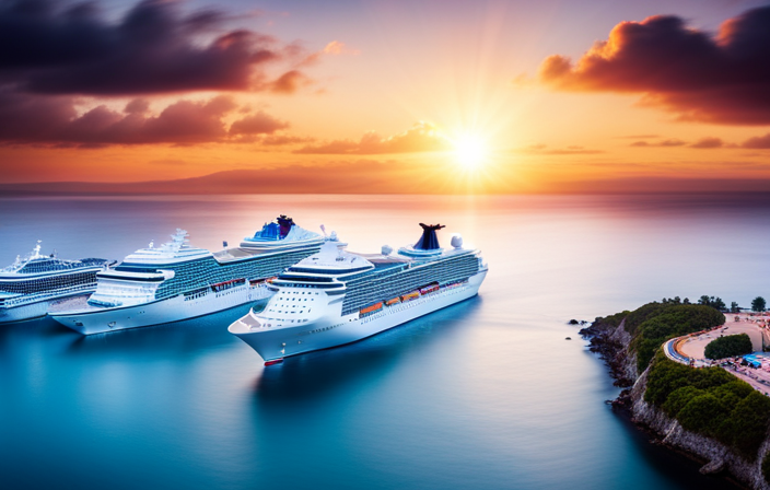 An image depicting a vibrant seascape with various cruise ships, each adorned with eye-catching colors and distinct logos, showcasing the diversity of options available when searching for the most affordable cruise line