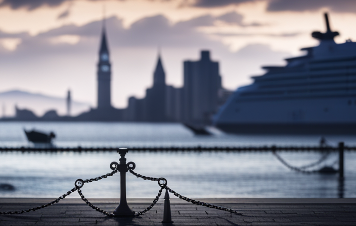 An image showcasing a vast ocean with a cluster of cruise ships anchored nearby, while a board with "CLOSED" signs stands prominently in front of ports like Venice, Barcelona, and Sydney