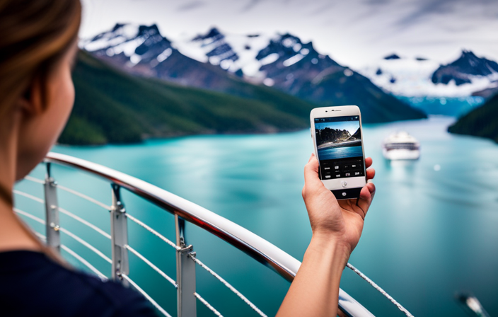An image showcasing the breathtaking beauty of Alaska's glaciers framed by the majestic bow of a Princess Cruise ship, highlighting the ship's spacious decks, panoramic windows, and luxurious amenities