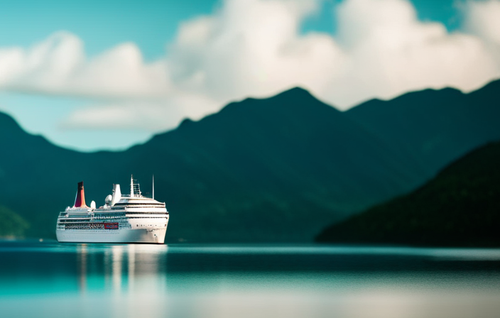 An image showcasing an elegant, vintage ocean liner sailing through calm turquoise waters, surrounded by lush green islands, capturing the allure and grandeur that led to the birth of cruise ships